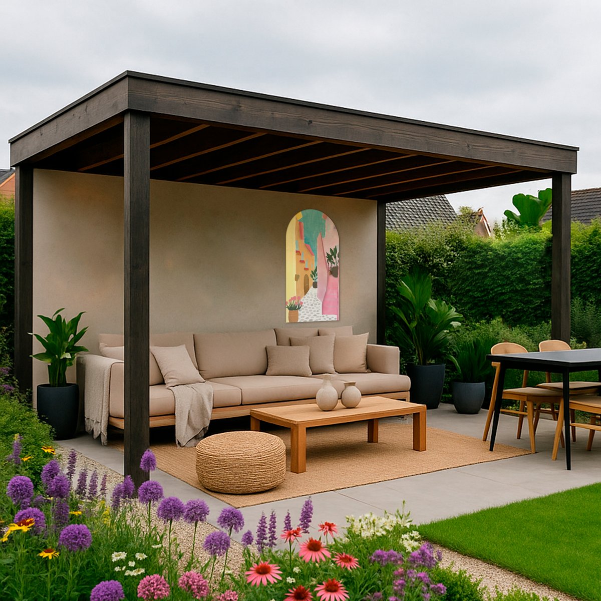 Toile Arche Plein été, ambiance du Sud rose, jaune, abricot, bleu azur, ART FOR THE HOME