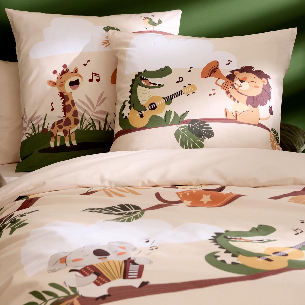 Taie d’oreiller enfant percale de coton jungle vert, TRADILINGE