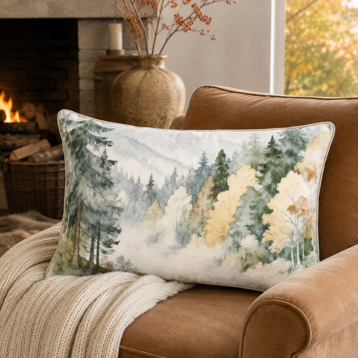 Coussin déhoussable motif aquarelle forêt - QABANE vert, HOME MAISON