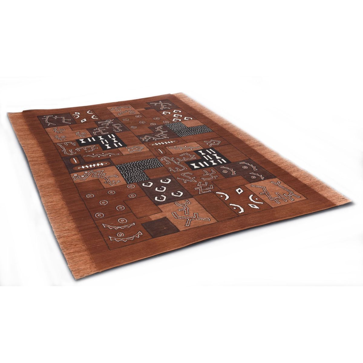 Tapis salon Bogolan fait main, plat, franges cuivre, THEKO