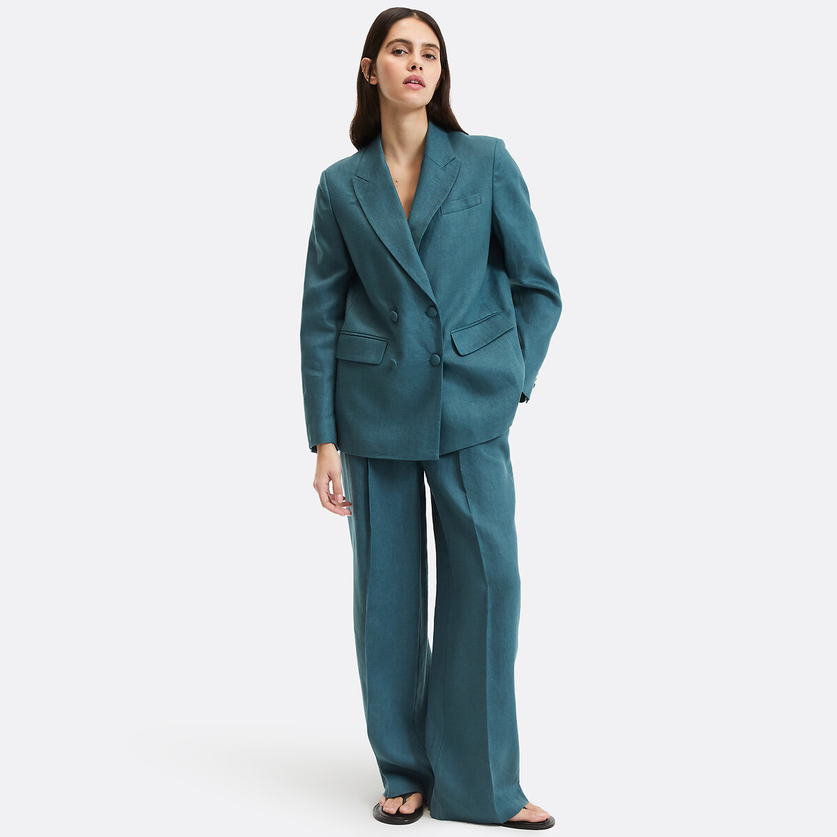 Pantaloni di lino a gamba larga con pinces verde smeraldo, LA REDOUTE COLLECTIONS