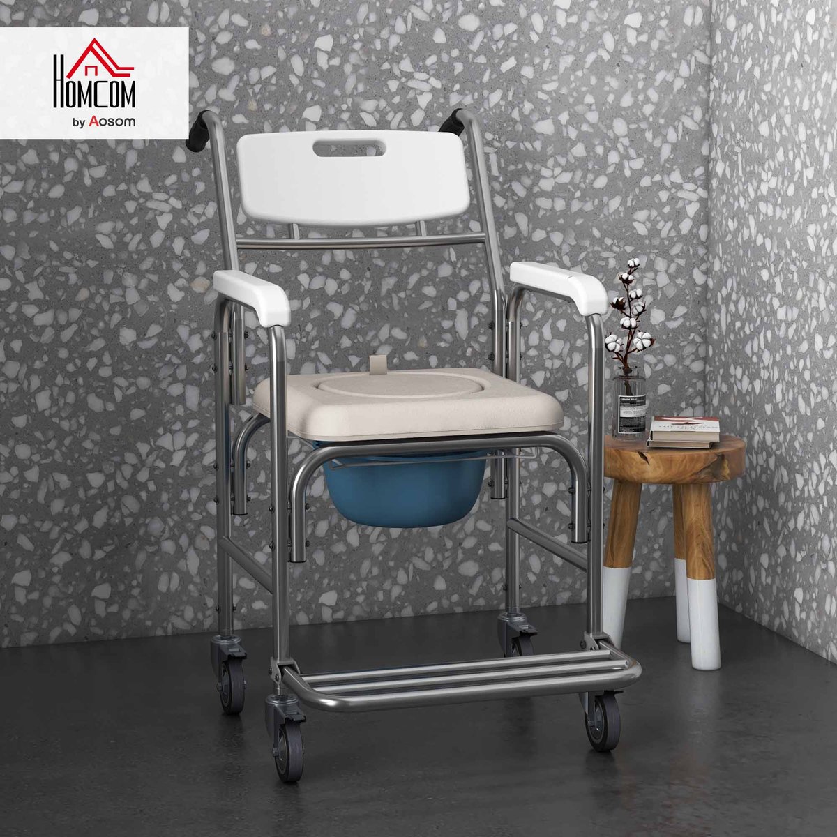 Fauteuil roulant avec cuvette Acier Blanc blanc, bleu, chromé, HOMCOM