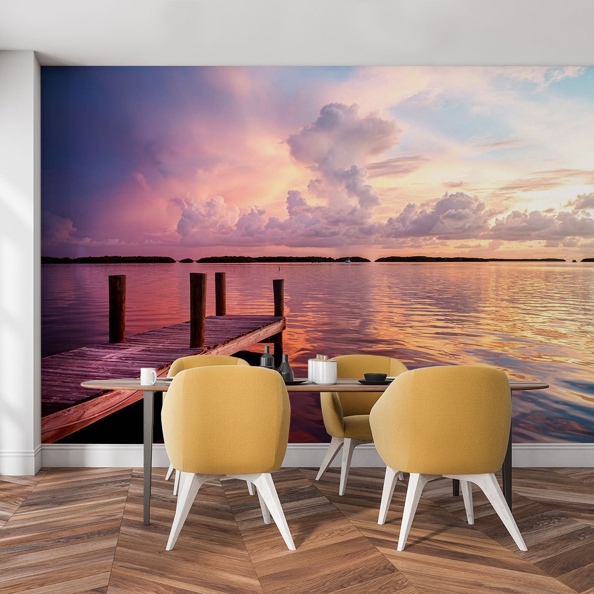 Papier peint panoramique lumiere du soir sur un etang intissé, HEXOA