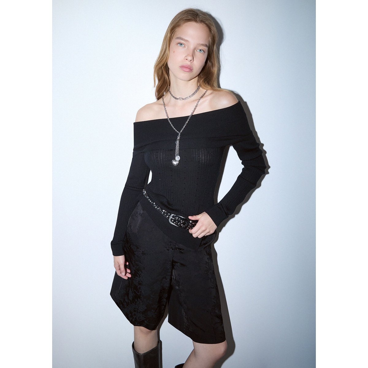 Pull en laine avec encolure Bardot noir, LIU JO