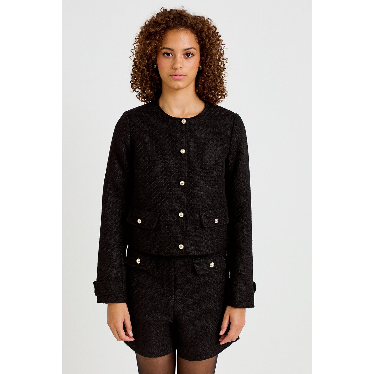 Veste tweed cintrée cropped col mao noir, CACHE CACHE