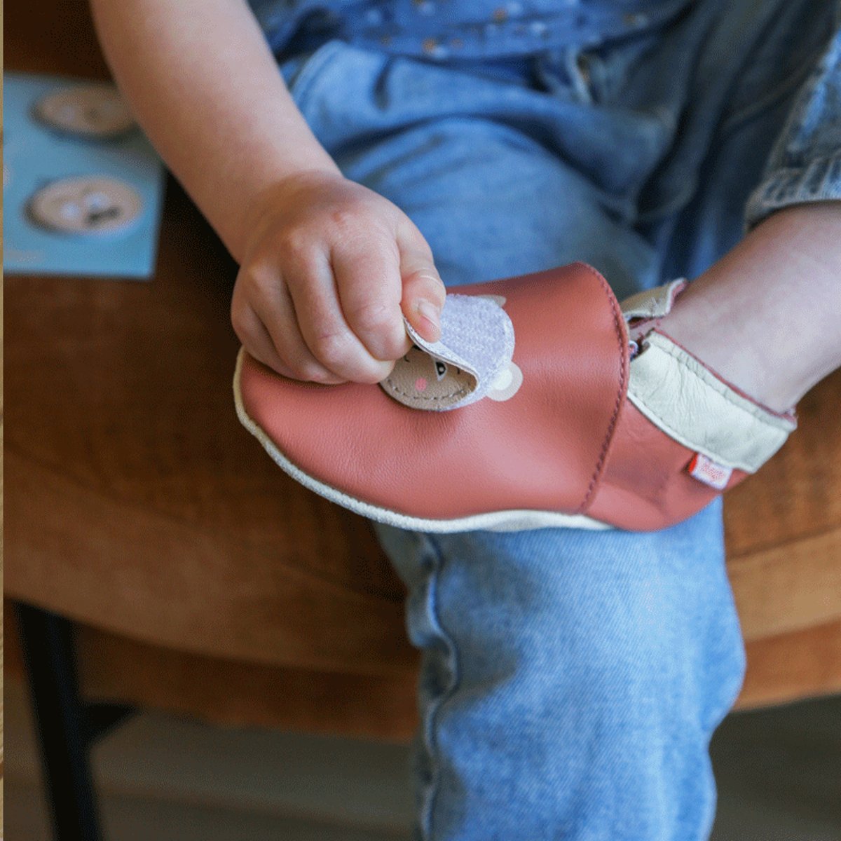Chaussons bébé cuir souple à emotions orange, TICHOUPS