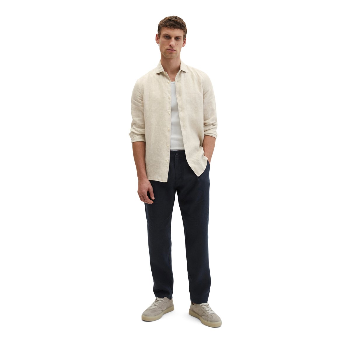 Chemise à col requin shaped en chambray de lin fin beige, MARC O'POLO