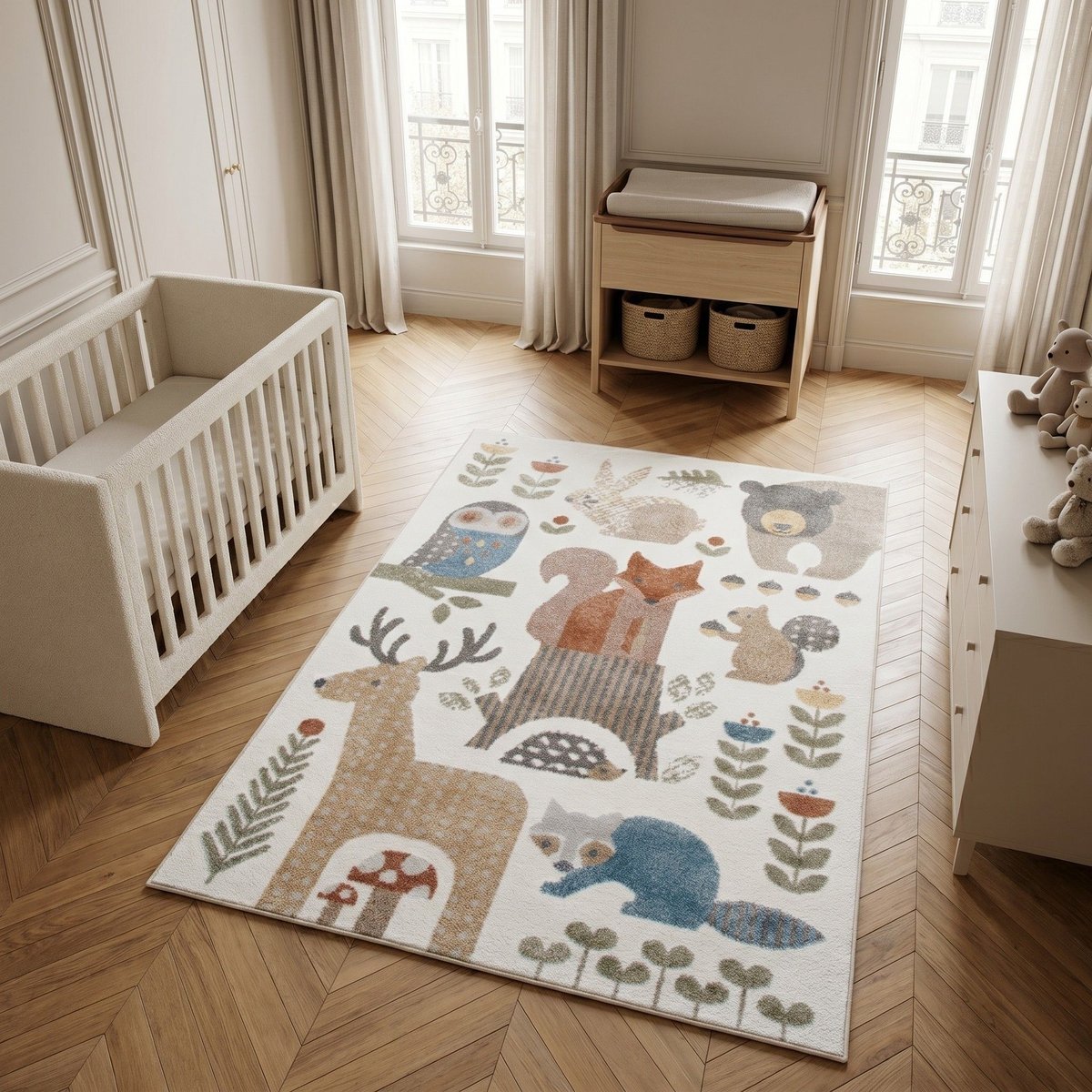 Tapis enfant lavable motif forêt   TABLO FORET gris, jaune, forêt, THE DECO FACTORY