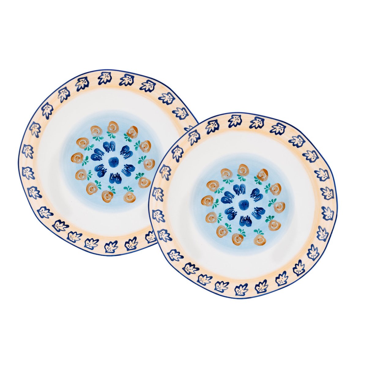 Lot de 2 plateaux & plats à four en porcelaine de haute qualité (grade a), peinte à la main, NAPOLI blanc, orange, bleu et vert, BJORN