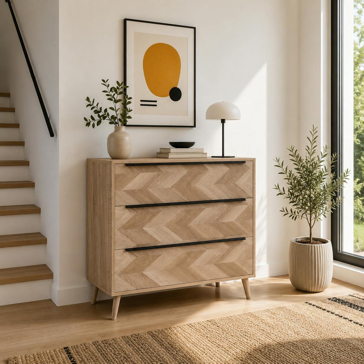 Commode 3 tiroirs décor bois motif chevron ALVA bois naturel, PIER IMPORT