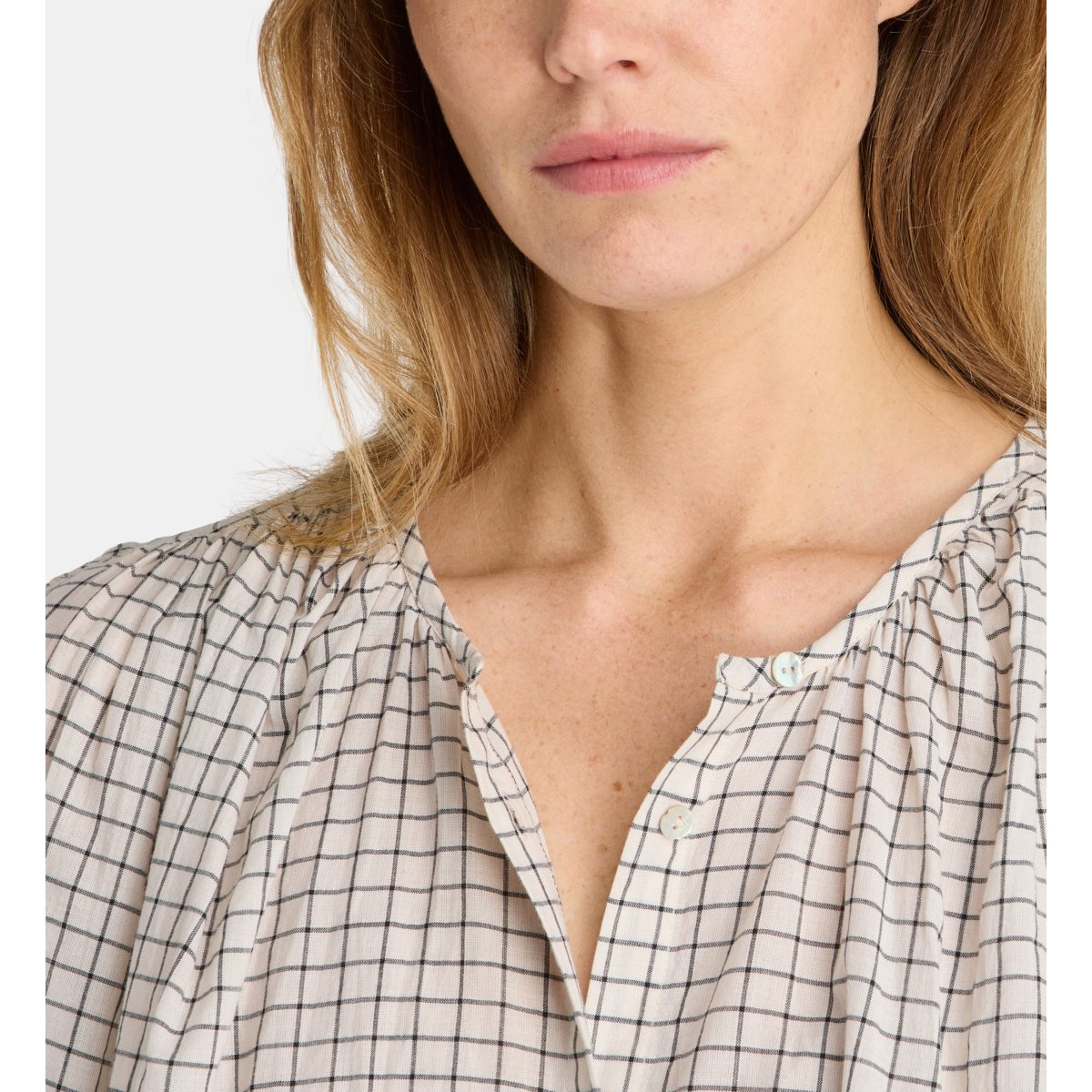 Chemise amande check en coton bio bleu et écru, GALERIES LAFAYETTE
