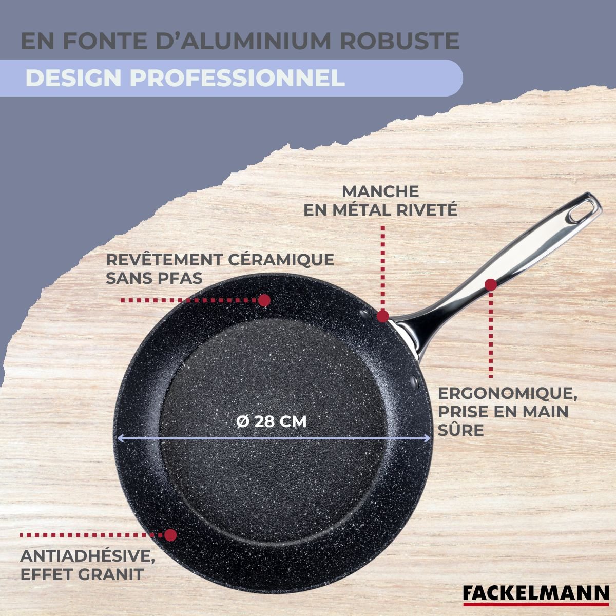 Poêle 28 cm fonte aluminium revêtement antiadhésif céramique gris,noir, FACKELMANN