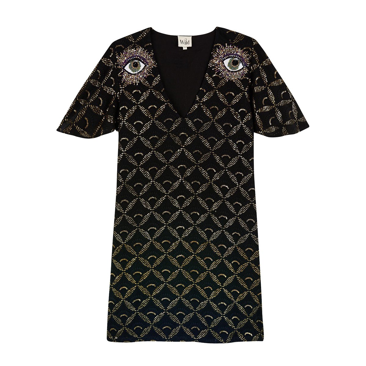 Robe brodée courte col V avec perles BARBARA noir, WILD