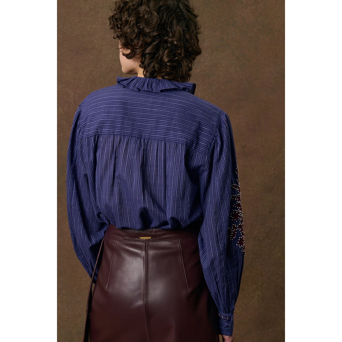 Blouse brodée à col volanté et rayures, CORA marine, LOUISE MISHA