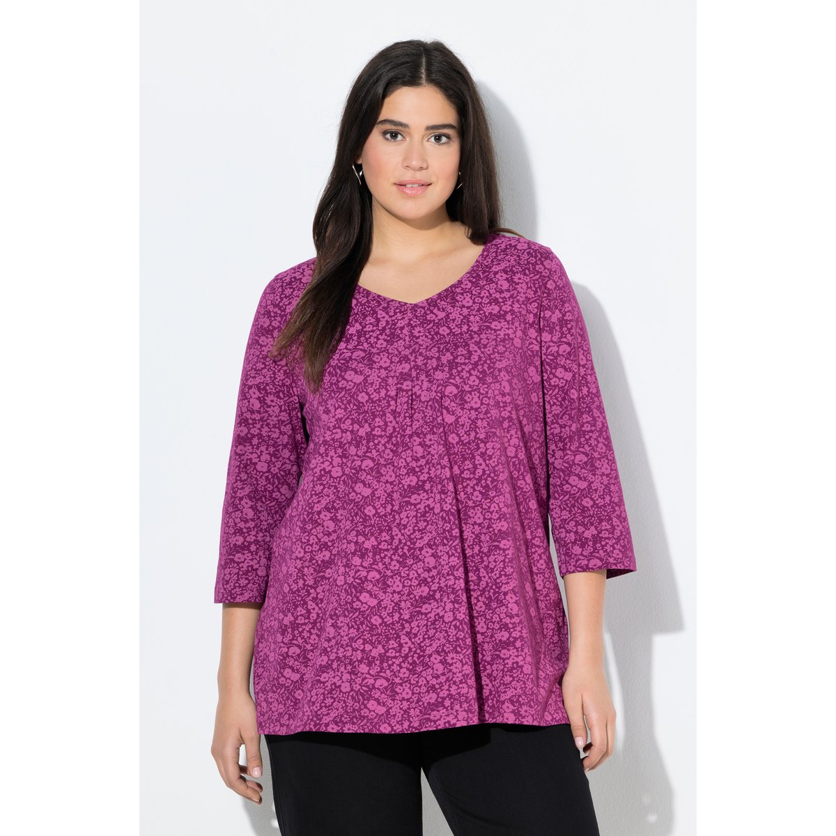 T-shirt à fleurs, plis fantaisie framboise, ULLA POPKEN