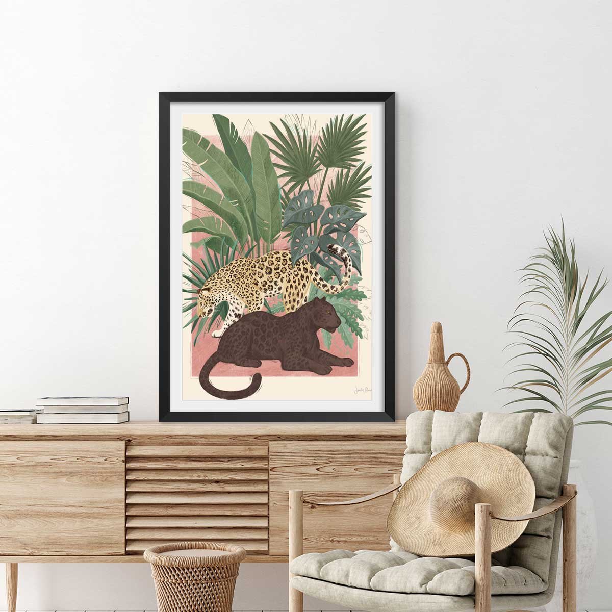 Poster black and white panthers affiche + cadre en bois - noir, HEXOA