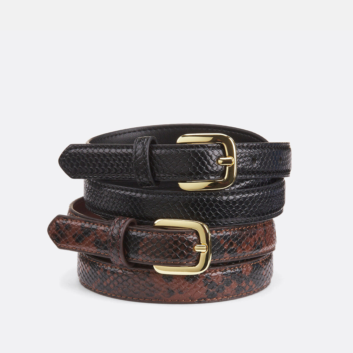 Pack of 2 Belts in Snake Print with Metal Buckle black + brown, LA REDOUTE COLLECTIONS