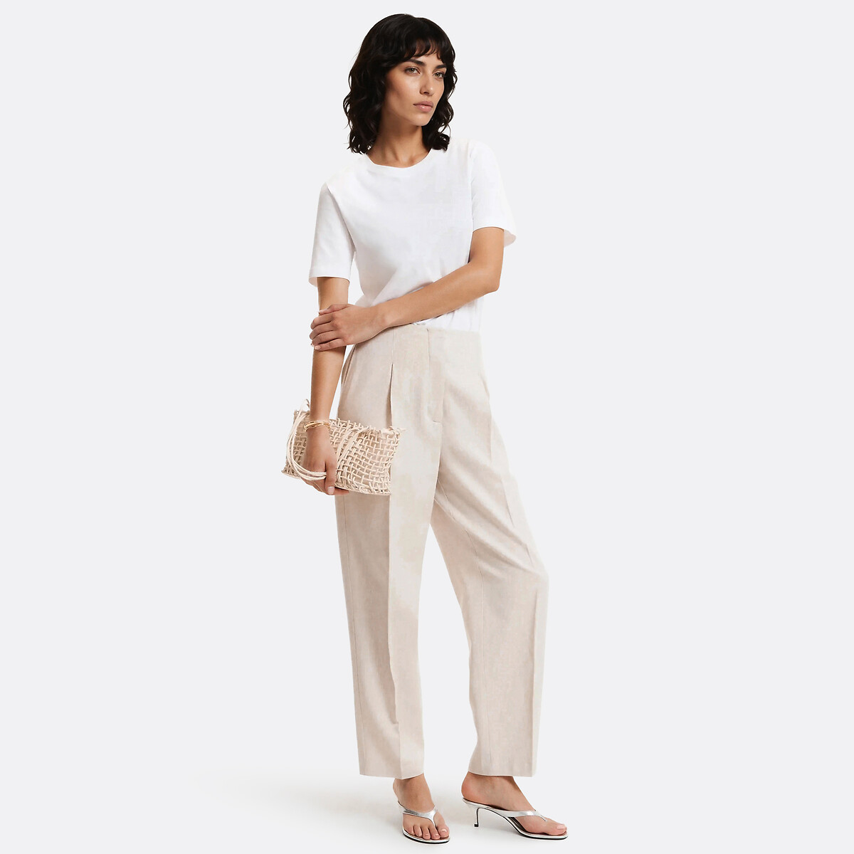 Pantalon cigarette taille haute en lin et coton beige, LA REDOUTE COLLECTIONS