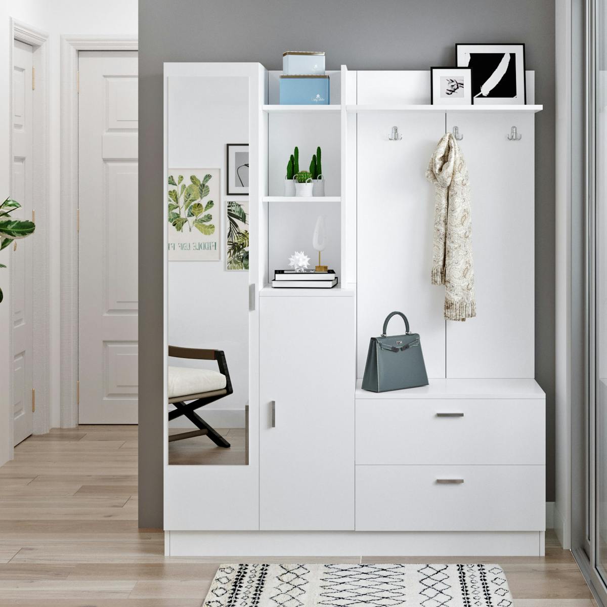 Vestiaire d'entrée 4 portes avec miroir JENA blanc, PIER IMPORT