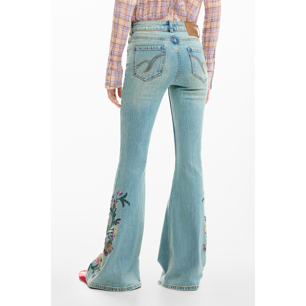 Pantalon en jean à fleurs évasé bleu clair, DESIGUAL