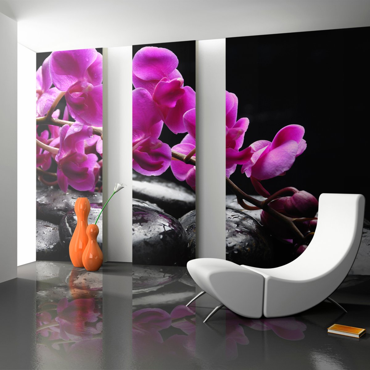 Papier peint intissé panoramique Fleurs Moment de détente : orchidée et pierres zen noir, EDEN