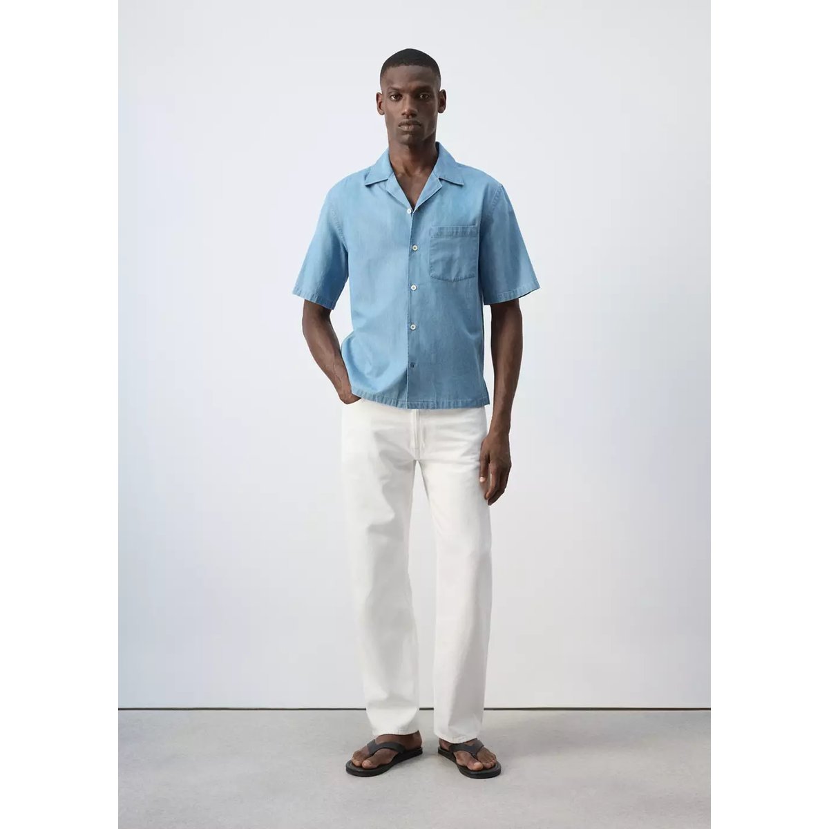Chemise 100 % coton à col bowling bleu clair, MANGO MAN