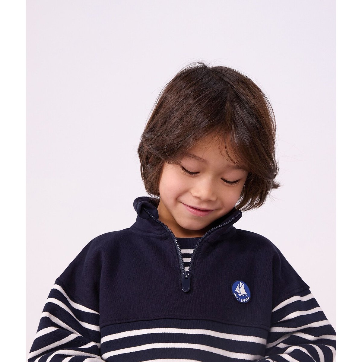 Sweat rayé avec col camionneur zippé bleu marine rayé, PETIT BATEAU