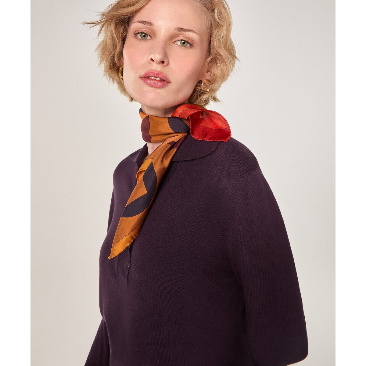 Bandana en soie géométrique marron, RODIER