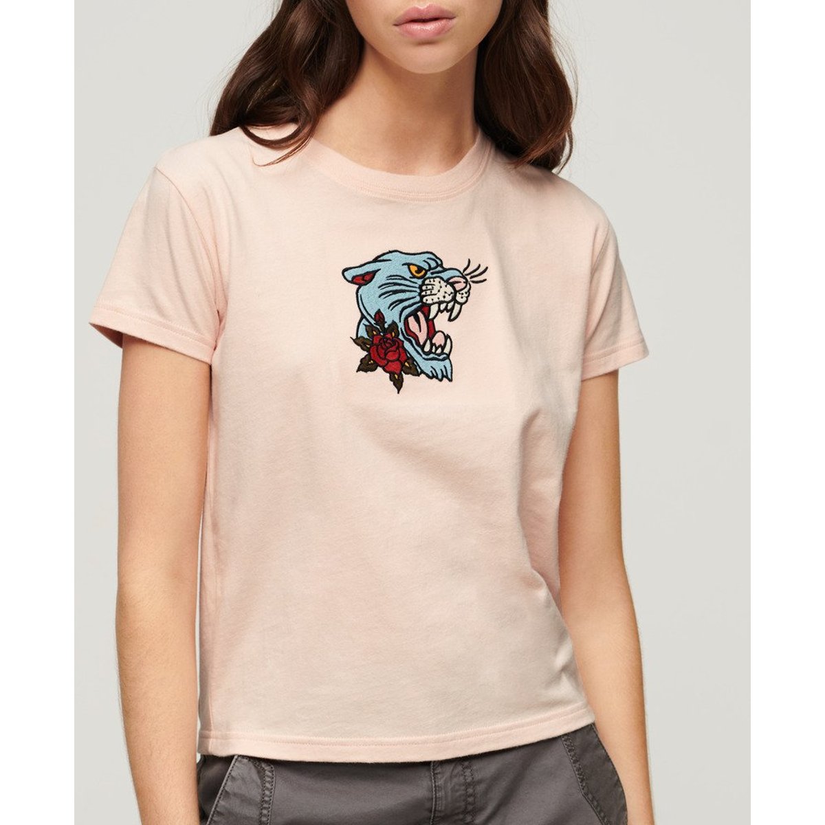 T-shirt ajusté brodé effet tatouage rose fouetté pêche, SUPERDRY