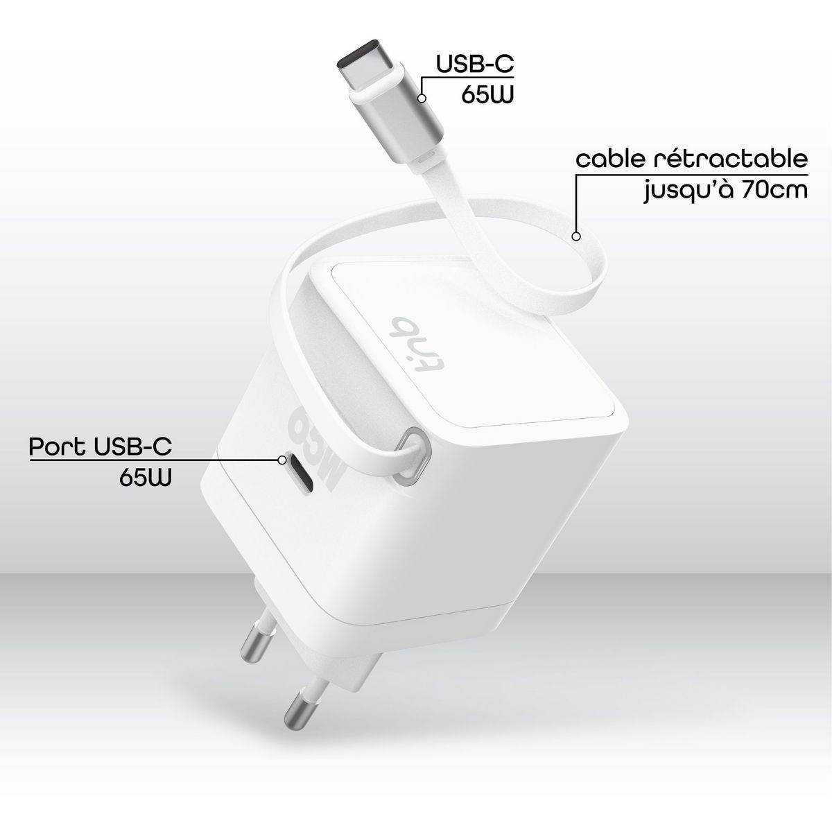 Chargeur + câble GAN USB-C charge rapide + cable 70cm couleur unique, TNB