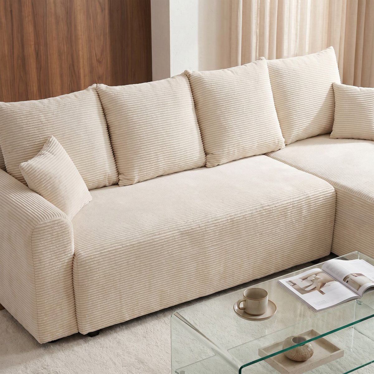 Canapé d'angle convertible réversible 4 places en velours côtelé- POL beige, DRAWER
