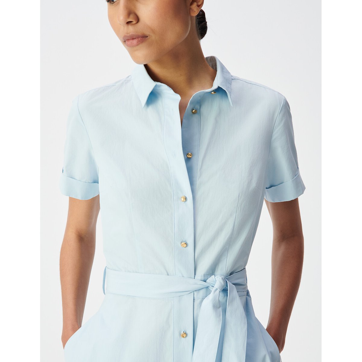 Vestido camisero midi de manga corta con cinturón azul chambray, IKKS