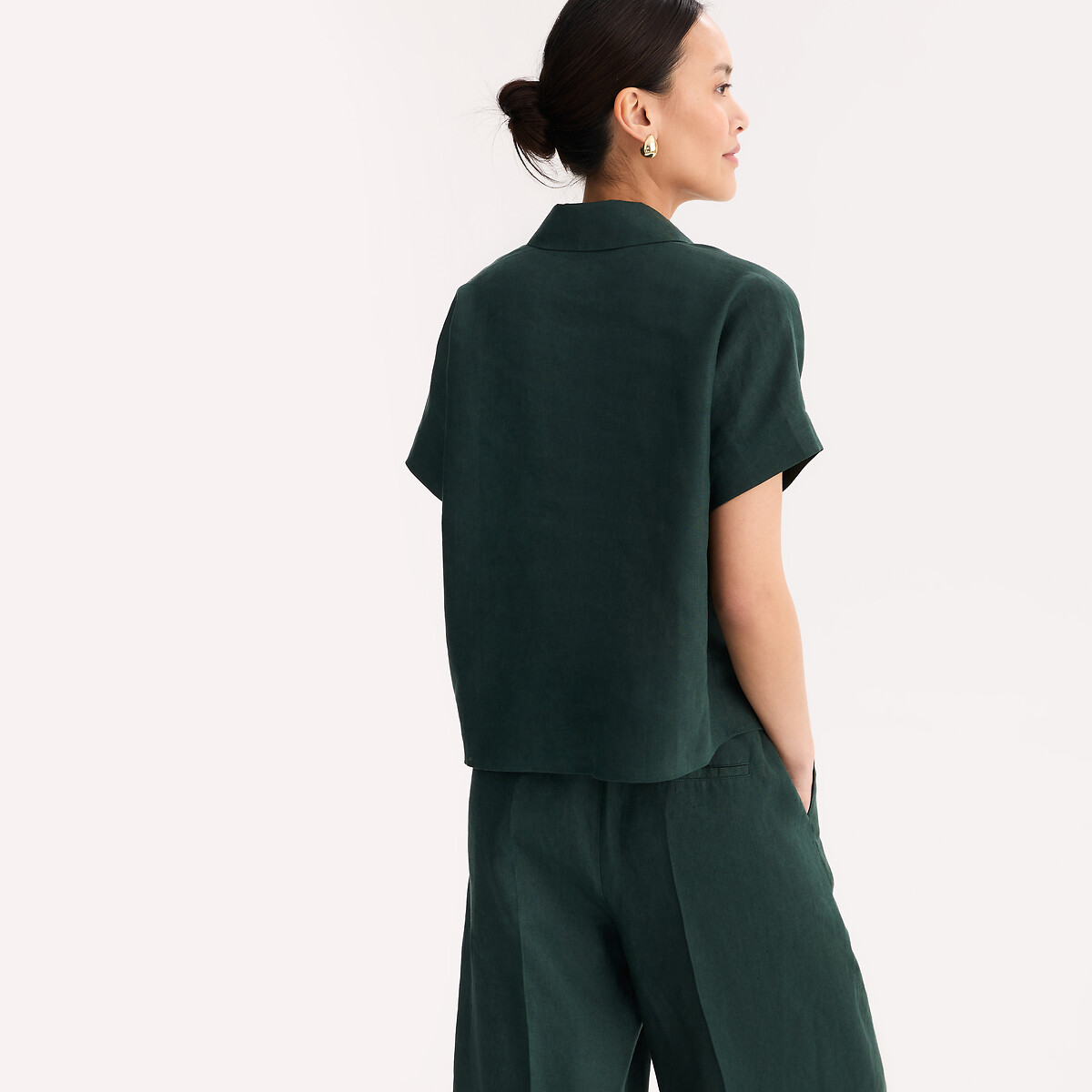 Camicia in lino a maniche corte verde scuro, ANNE WEYBURN