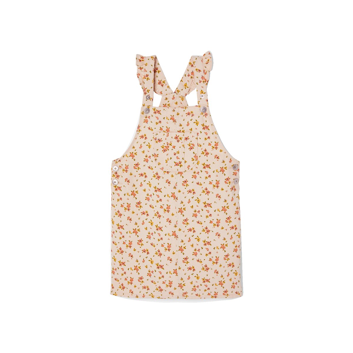 Robe-salopette à fleurs bretelles à volants gris perle, VERTBAUDET