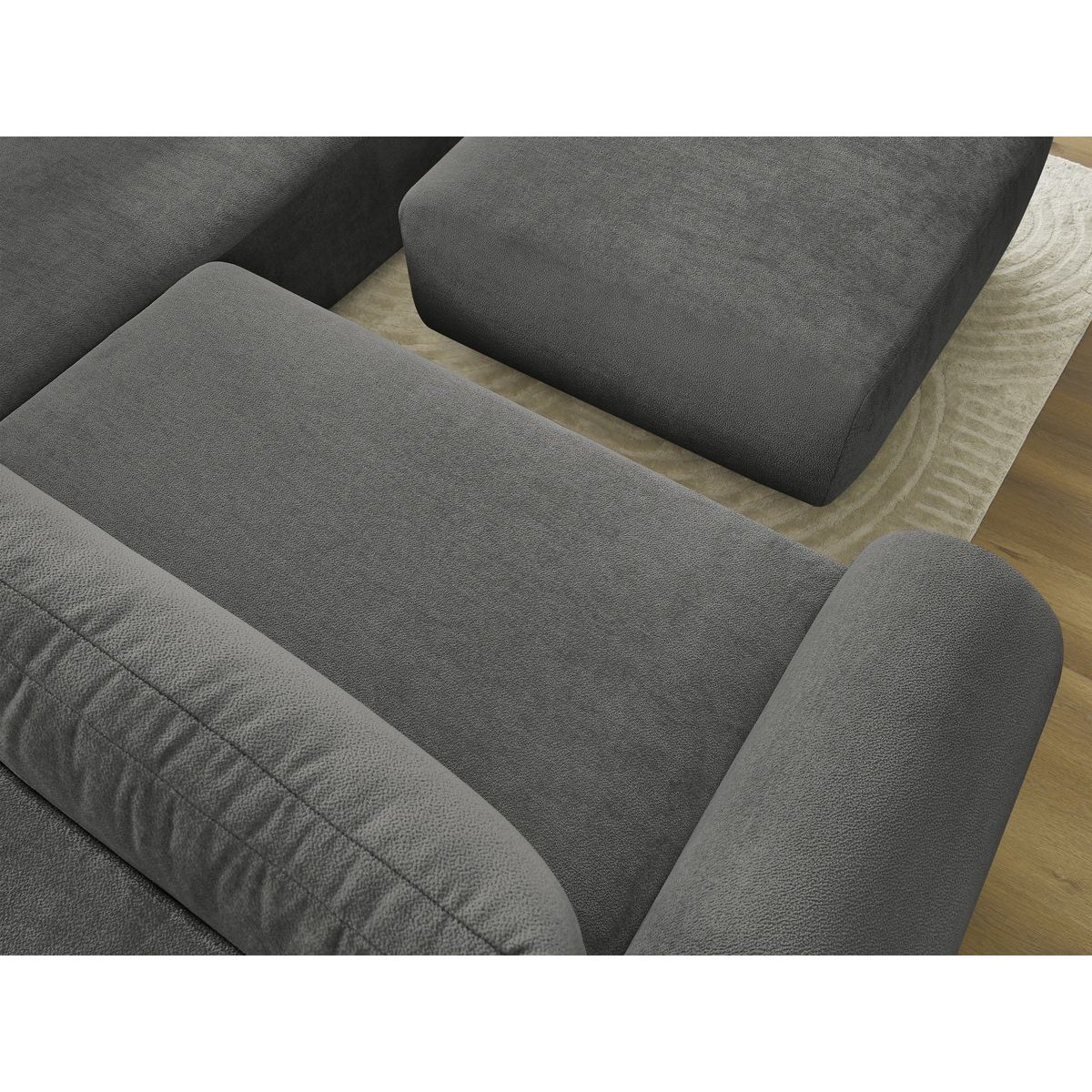 Canapé d'angle convertible 4 places en tissu lisse avec pouf, LUCIEN gris foncé, BOBOCHIC