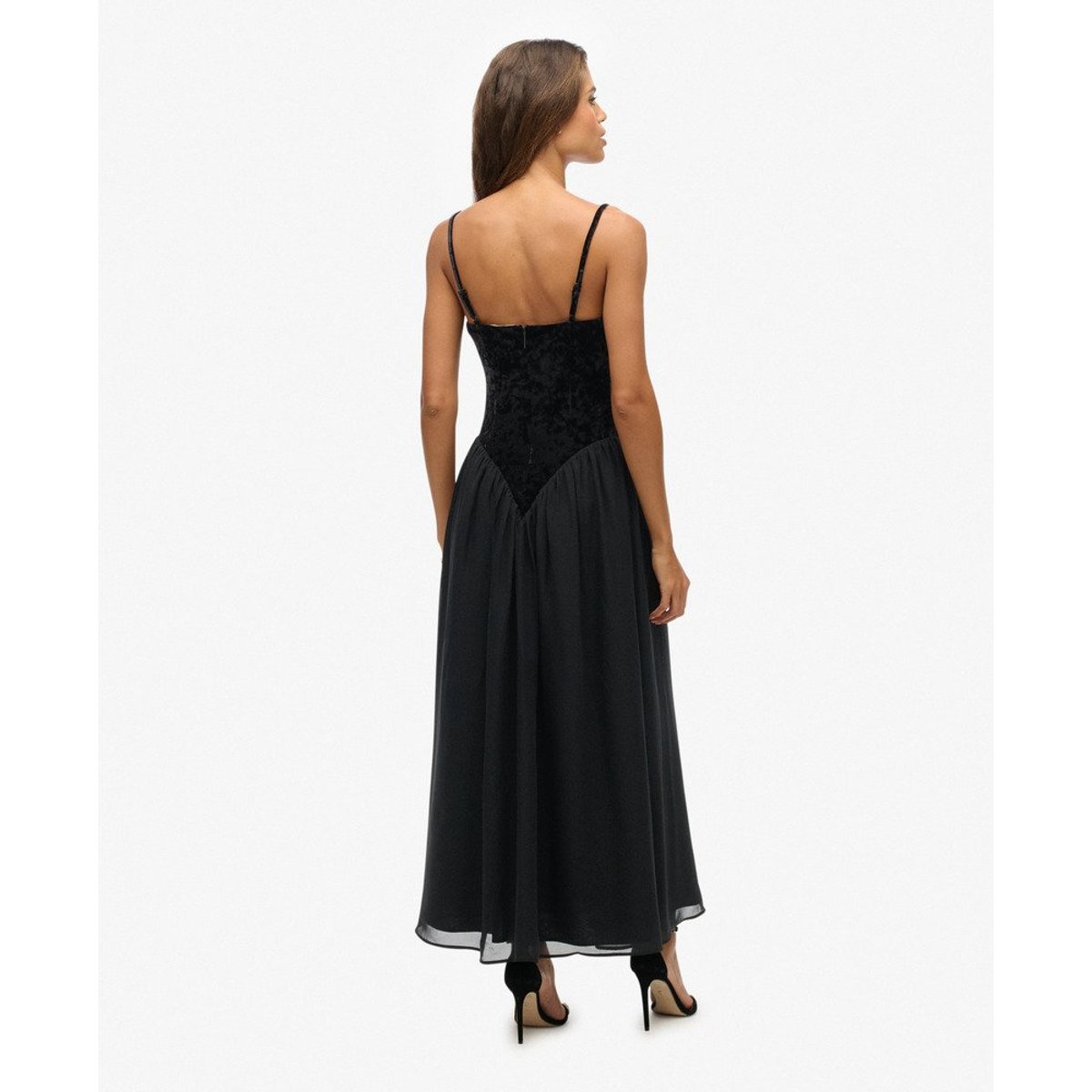 Robe Midi Corset en Velours noir, SUPERDRY
