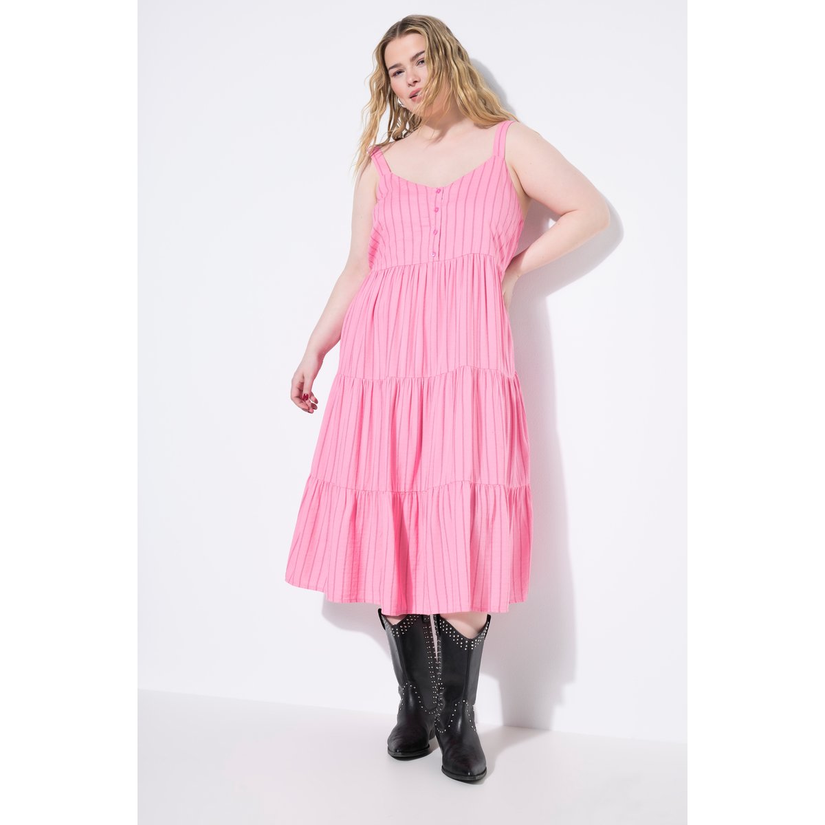 Robe midi à volants, lin mélangé à rayures rose, STUDIO UNTOLD