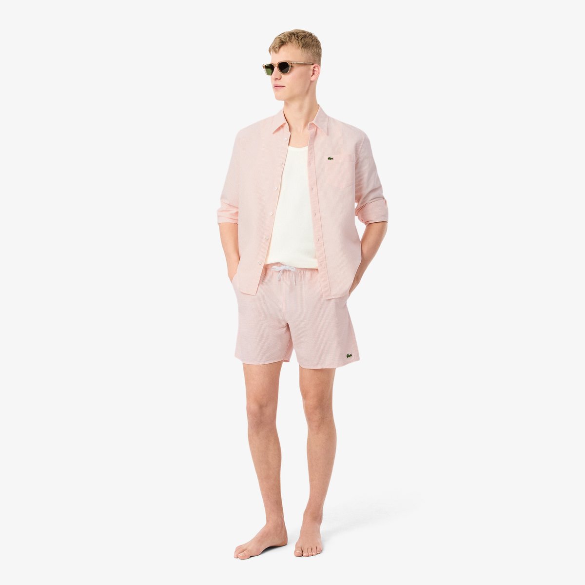 Short de bain mi-long rayé texturé blanc-1iz, LACOSTE