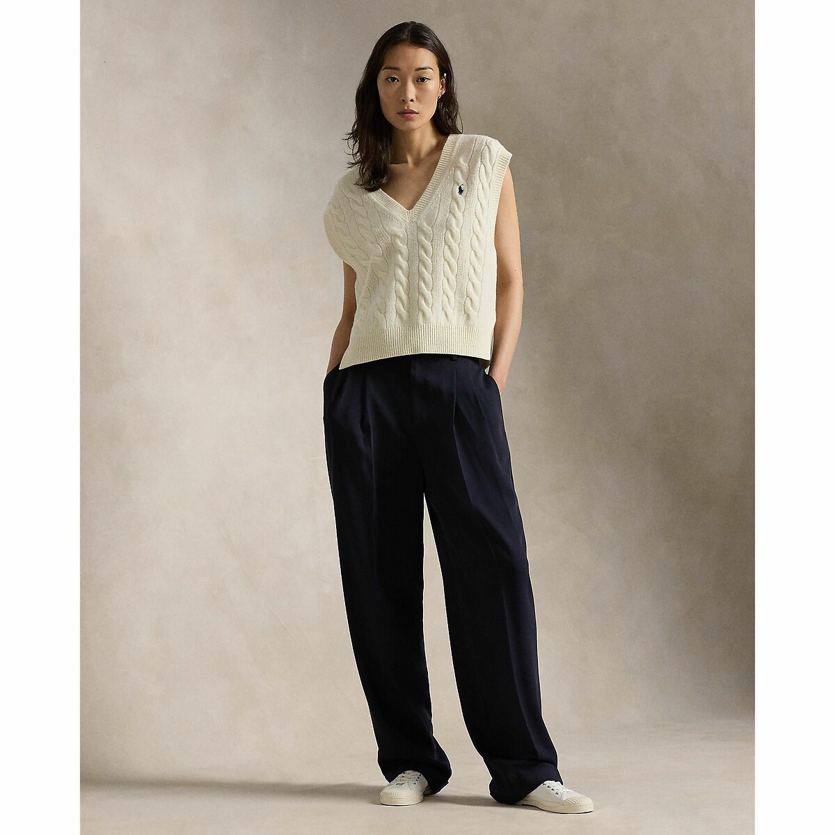 Pull sans manches col v logo poitrine crème, POLO RALPH LAUREN