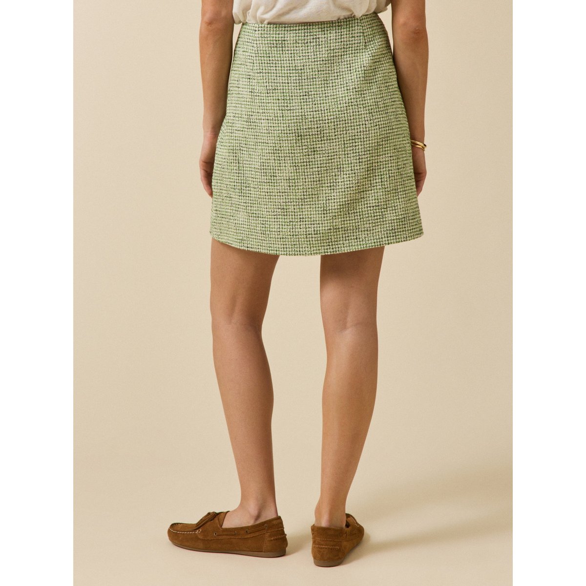 Jupe courte portefeuille tweed carreaux tweed bico vert, CYRILLUS