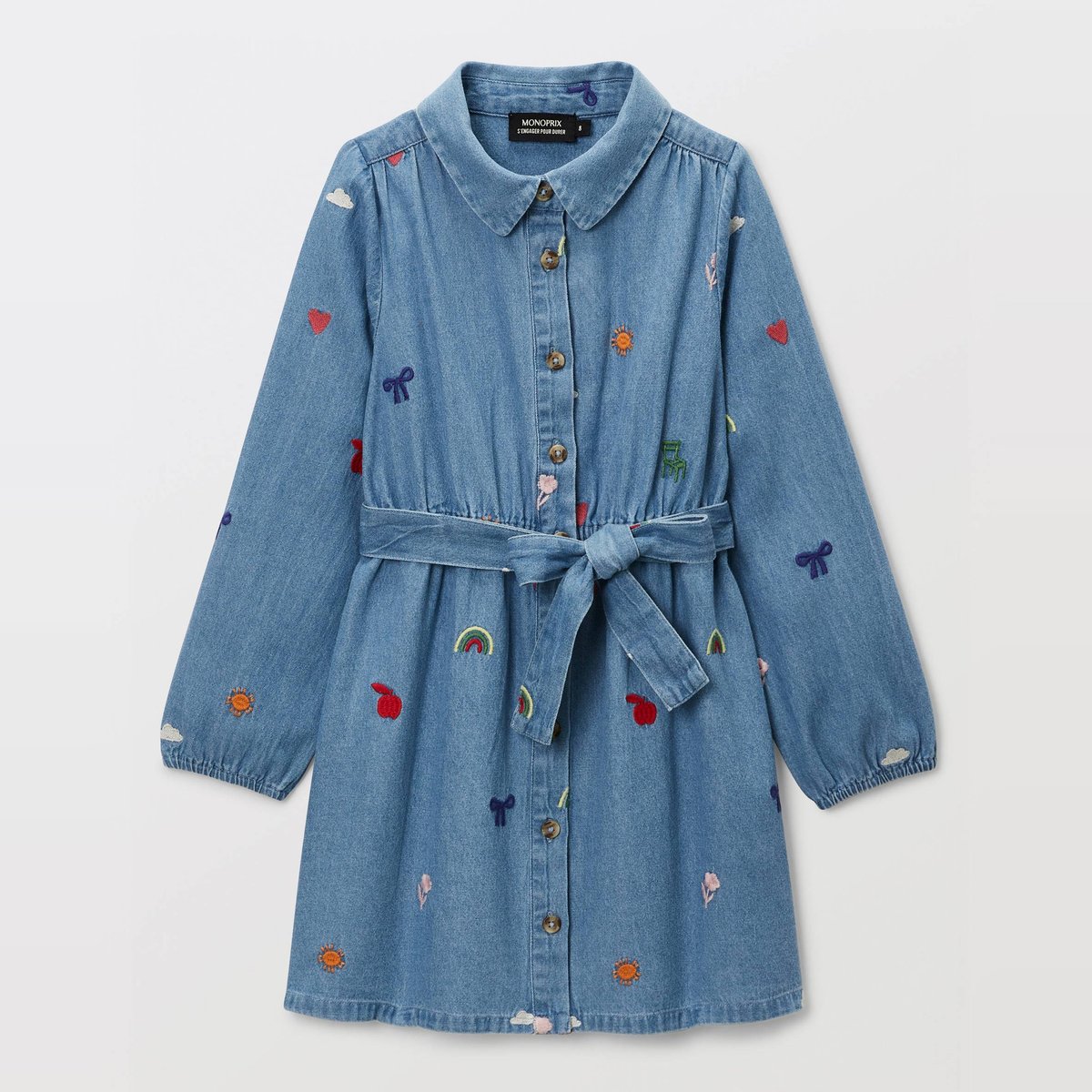 Robe boutonnée brodée en jean light blue stone, MONOPRIX