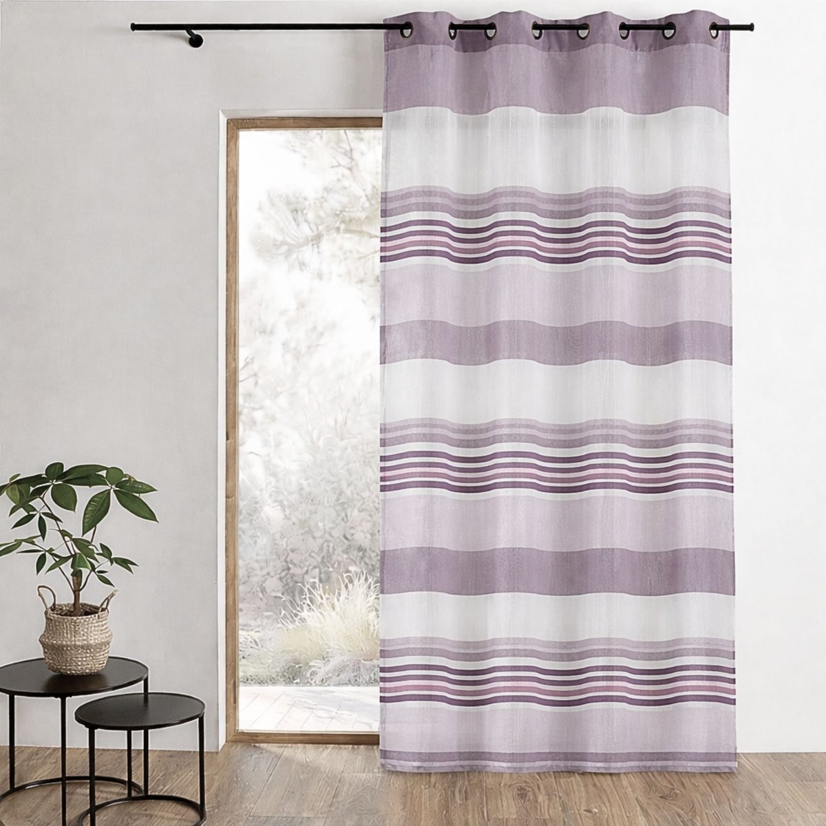 Voilage organza rayures horizontales tissées vieux rose, HOME MAISON