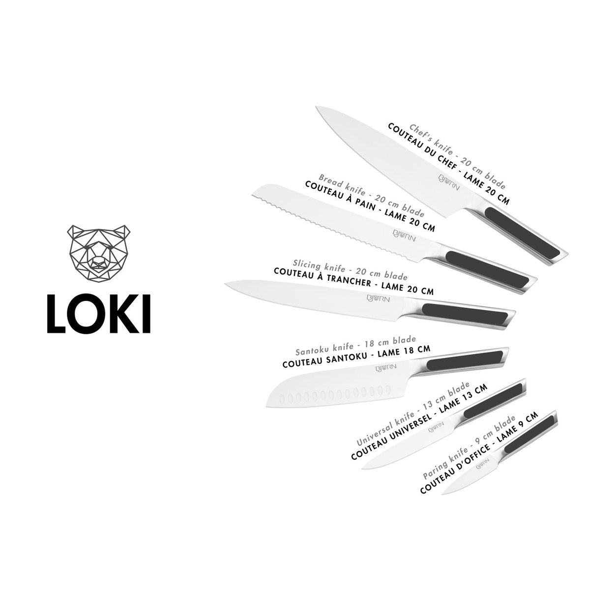Lot de 6 couteaux de cuisine en inox, NUDE inox et noir mat, BJORN