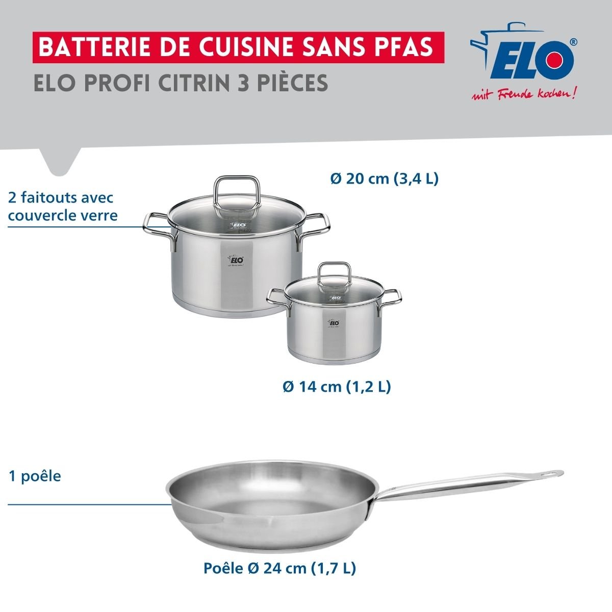 Batterie 1 poêle 24cm + 2 faitouts 14/20cm PROFI CITRIN gris, ELO