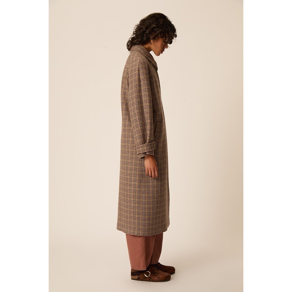 Yonique Checked Wool Blend Long Coat brown checks, DES PETITS HAUTS