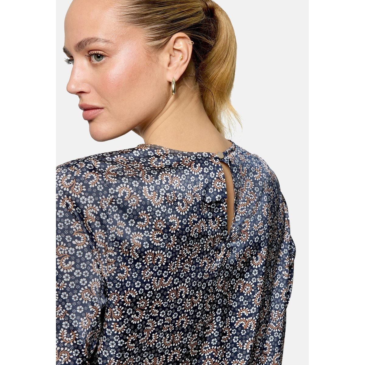 Satinbluse langarm mit blumen dark bluecream, ZERO