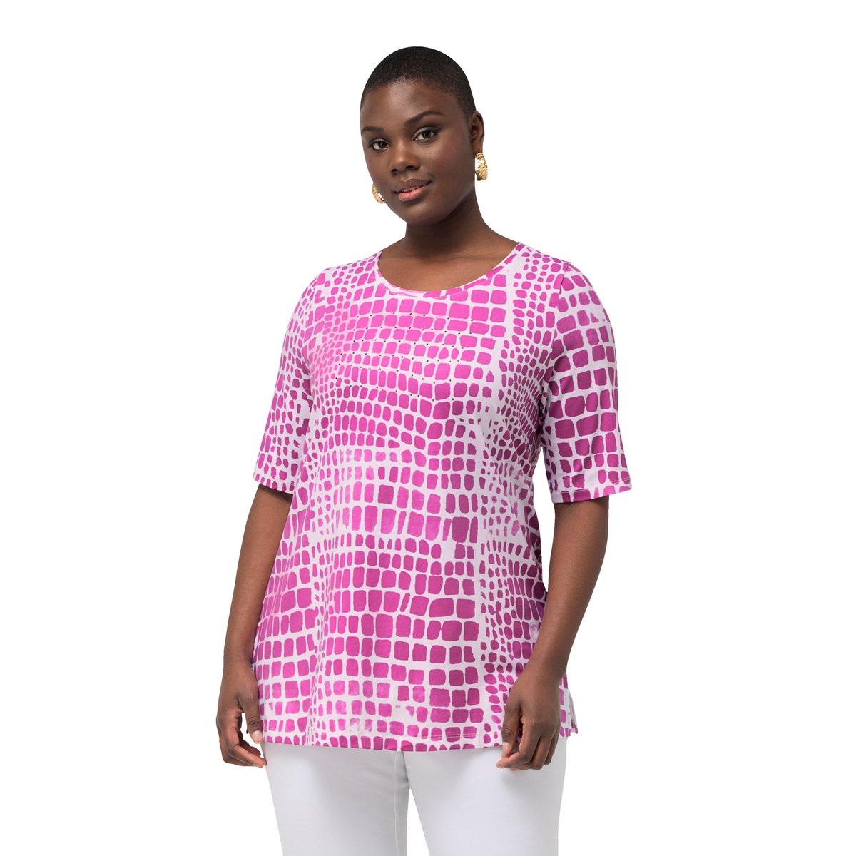 T-shirt en coton Pima à col rond et manches magenta, ULLA POPKEN