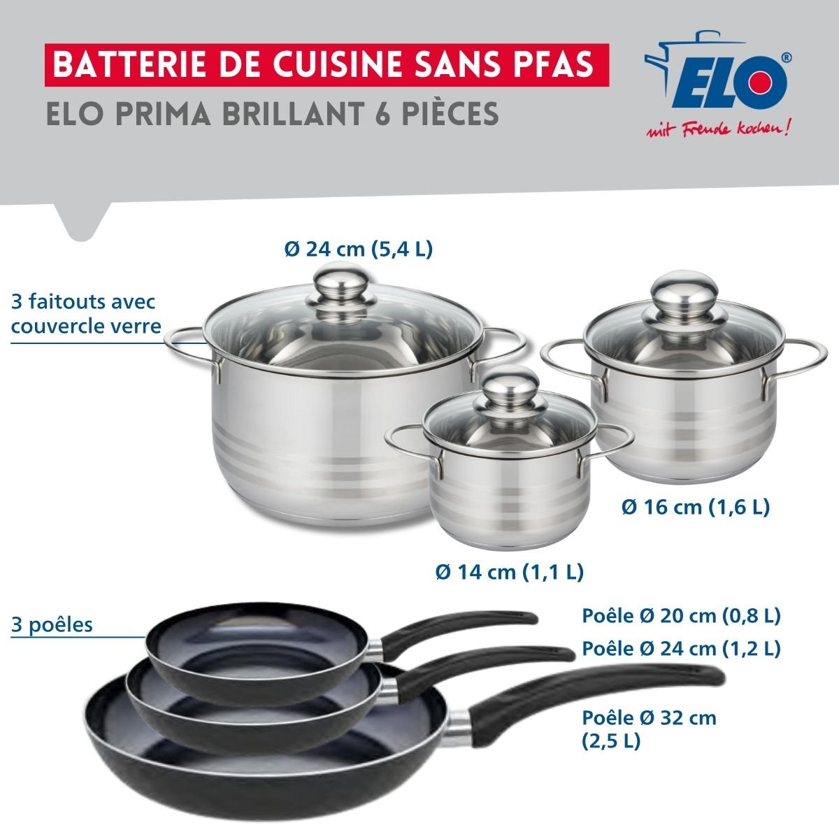 3 poêles 20/24/32cm + 3 faitouts 14/16/24cm PRIMA BRILLANT noir, ELO