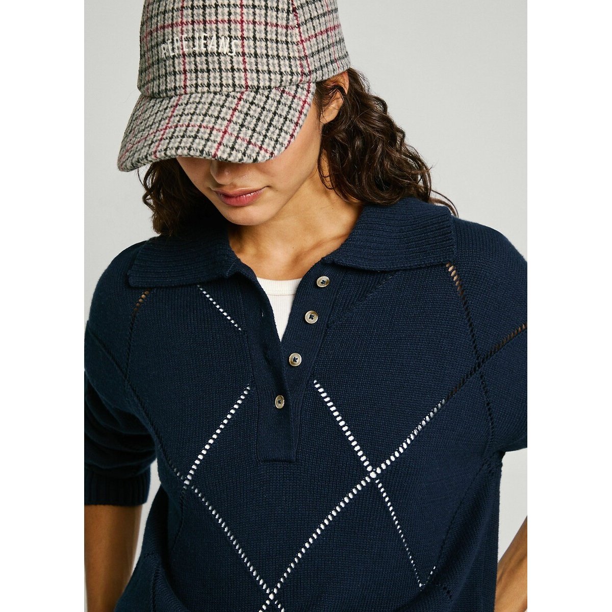 Pull avec maille ajourée, col polo IDRIS bleu marine, PEPE JEANS