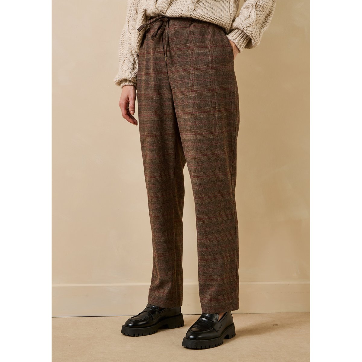 Pantalon carotte à carreaux taille élastique rouille, LA FEE MARABOUTEE
